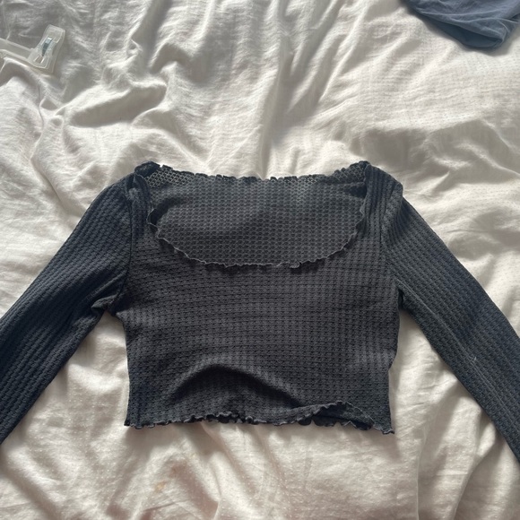 Wide scoop neck cropped grey t-shirt - Picture 1 of 2